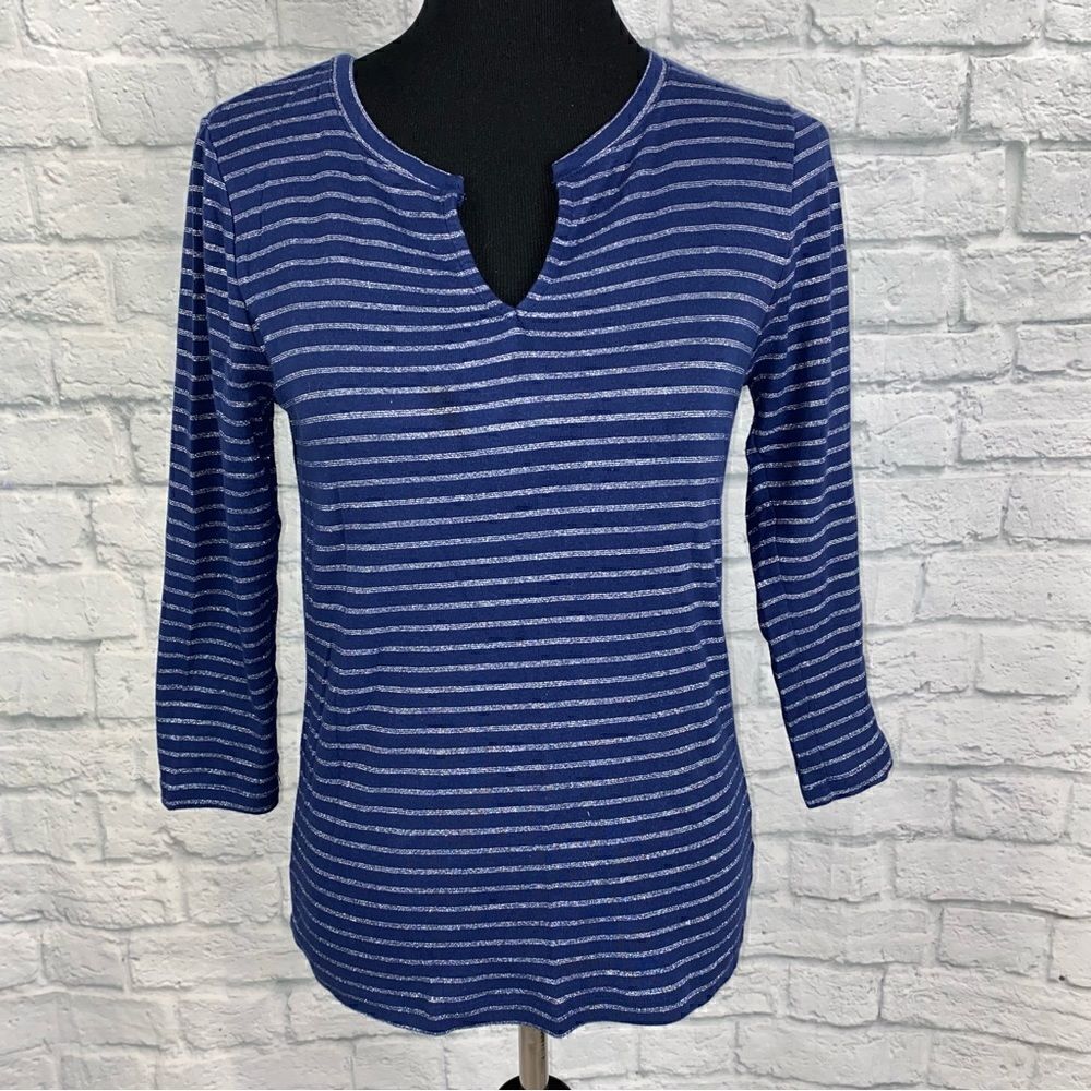 Joe fresh stripe v-cut 3/4 sleeve top blue sz LG women